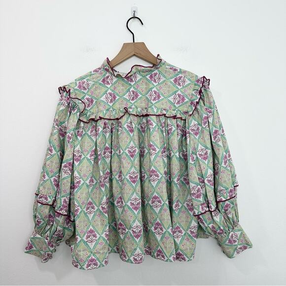 Karlie Paris Floral Poplin Ruffle Top in Mint Green size Small - Picture 2 of 7